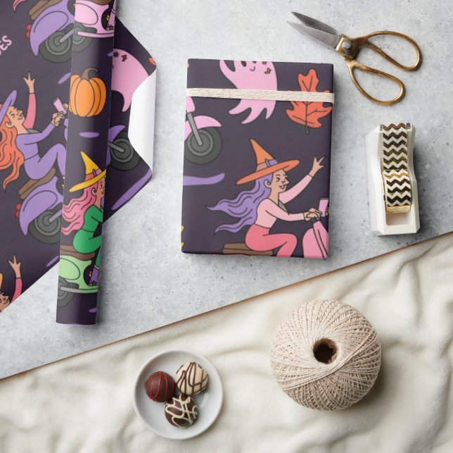 Sassy Witch Moped Pattern – Cute Pastel Witches  Wrapping Paper (Crafts)