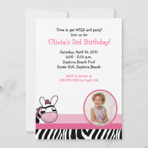 SASSY ZEBRA STRIPE DIVA *PHOTO* Birthday 5x7 Invitation