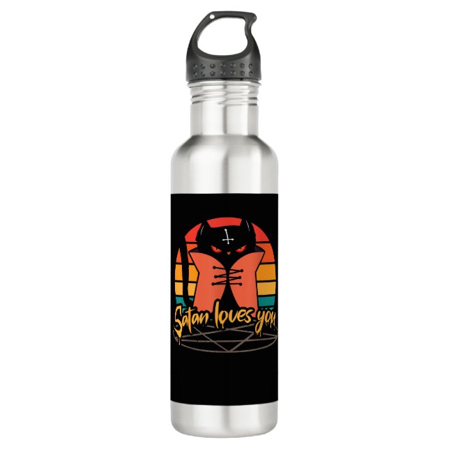 Satan loves you for black cat lover Satanic occult 710 Ml Water Bottle (Front)