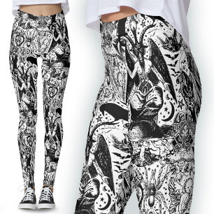 Satanic Black on White Baphomet Gothic Devil  Leggings