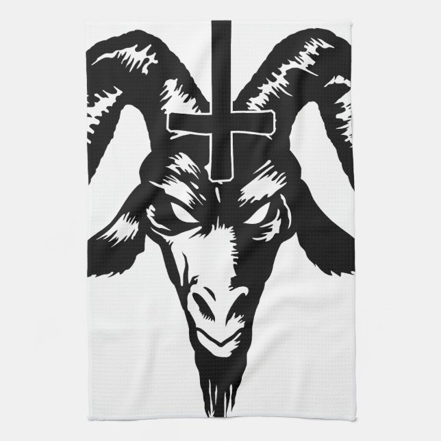 Satanic Goat Head with Cross (black) Tea Towel (Vertical)