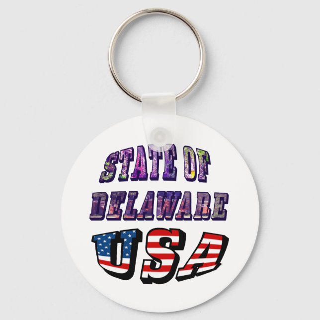 Sate of Delaware Picture and USA Flag Text Key Ring (Front)