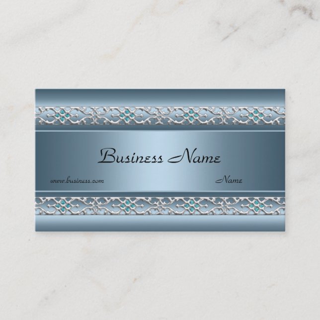 Satin Blue Silver Trim Elegant Business Card (Front)