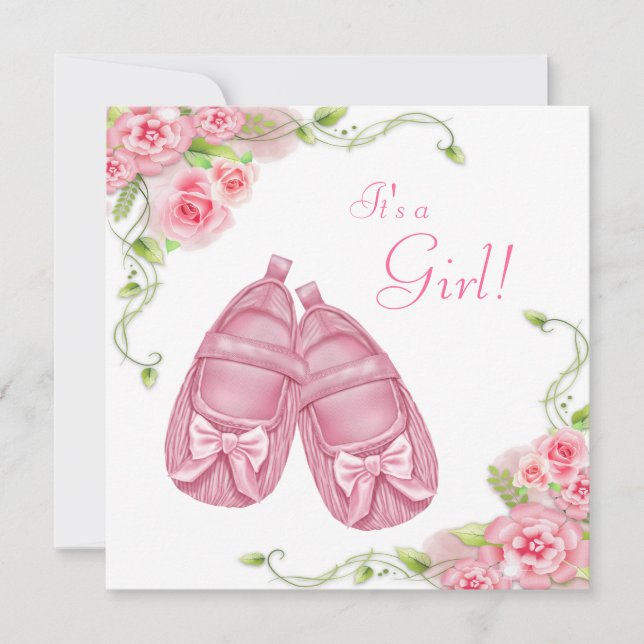 Satin Booties Pink Rose Baby Shower Invitation (Front)