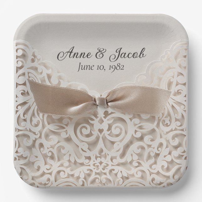 Satin Bow On Lace for Anniversary Paper Plate (Front)