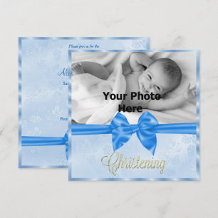 Satin Bow Photo Boy's Christening Invitation