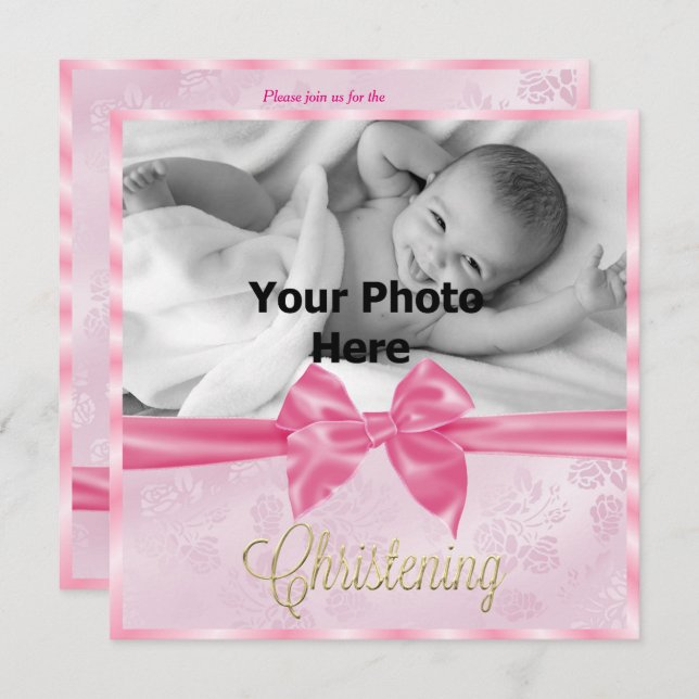 Satin Bow Photo Girl's Christening Invitation (Front/Back)