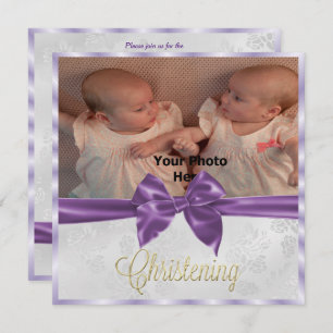 Satin Bow Photo twin Girl's  Christening Invitation