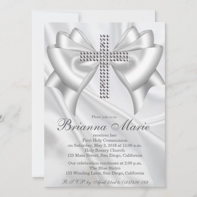 Satin Diamond Cross First Communion Invitation (Front)