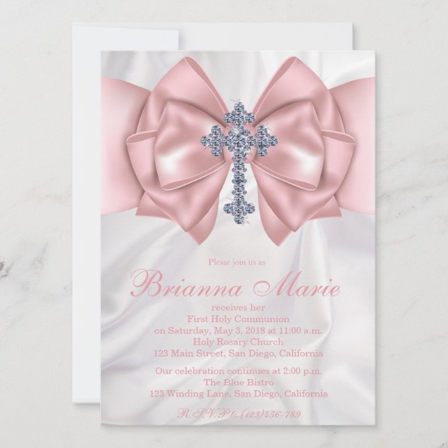 Satin Diamond Cross First Communion Invitation (Front)