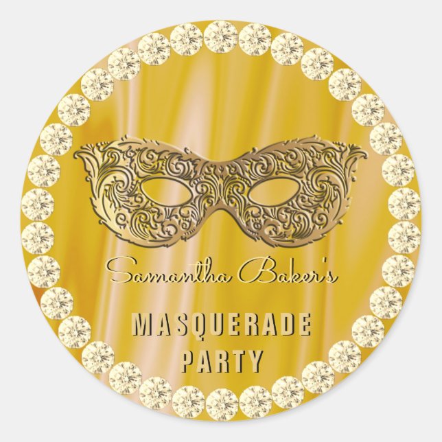 Satin Diamonds Gold Masquerade Party Glam Birthday Classic Round Sticker (Front)