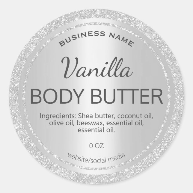 Satin Foil Silver Glitter Body Butter Labels (Front)