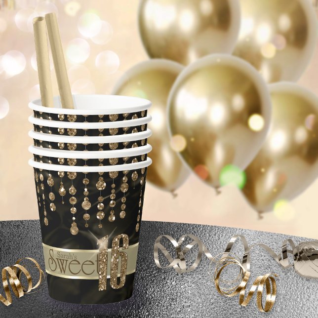 Satin Jewel Sweet Sixteen Black Gold ID260 Paper Cups (Creator Uploaded)