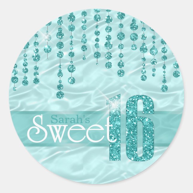 Satin Jewel Sweet Sixteen Teal ID260 Classic Round Sticker (Front)