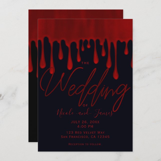 Satin Red Drips Dripping Blood Halloween Wedding I Invitation (Front/Back)