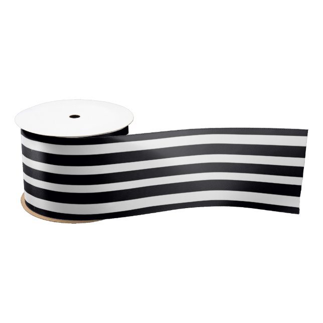 Satin Ribbon 3 inch Wide Chic Black White Stripes (Spool)