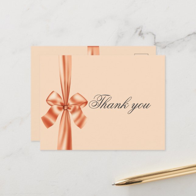 Satin Ribbon Peach Wedding Thank You Postcard (Front/Back In Situ)