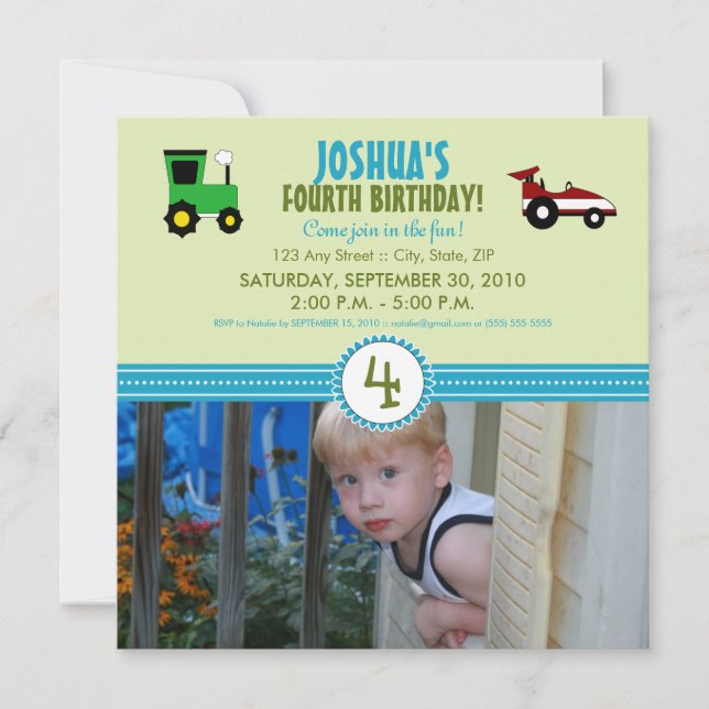 Satin Ribbon Tractor Birthday Party Invite (lime) (Front)