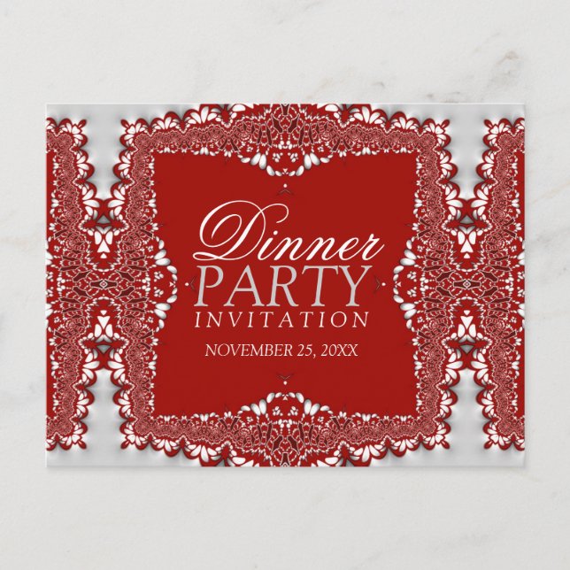 Satin Silver Red Lace Dinner Party Invite Postcard (Front)