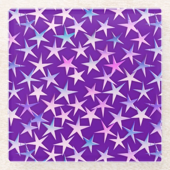 Satin stars, lavender on purple glass coaster (Front)