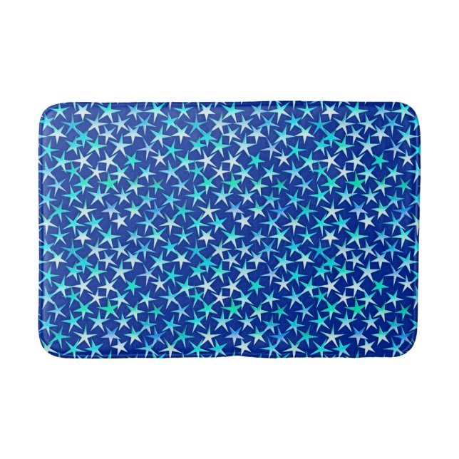 Satin stars, pale blue on cobalt bath mat (Front)