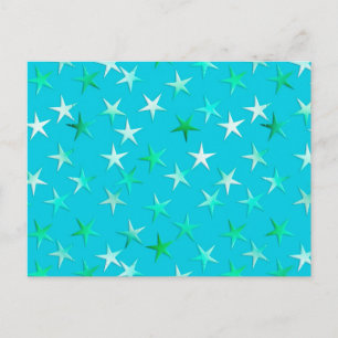 Satin stars, pale green and blue on turquoise postcard