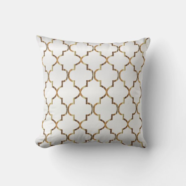 Satin White & Gold Quatrefoil Pattern Cushion (Front)