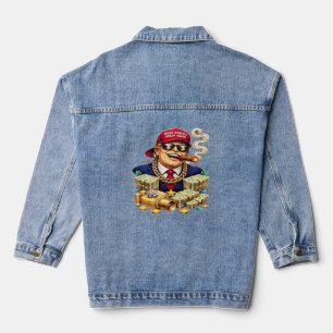 Satirical MAGA Billionaire Cartoon — Retro Pop Art Denim Jacket