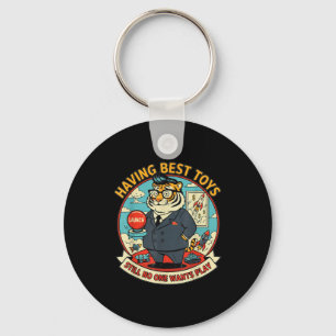 Satirical tiger with toys funny graphic retro key ring