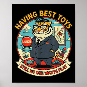 Satirical tiger with toys funny graphic retro poster