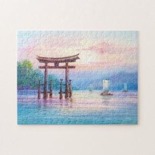 Satta Miyajima Torii and Sailboats japanese art Jigsaw Puzzle