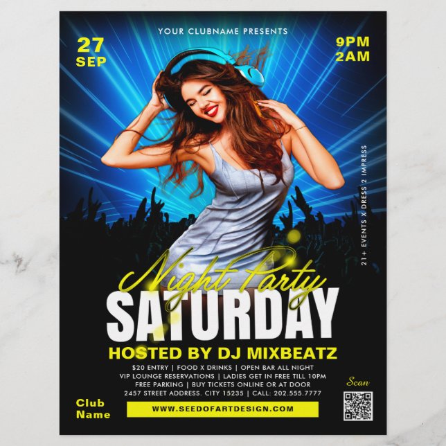 Saturday Night Party Girl Dancing Club Event Flyer (Front)