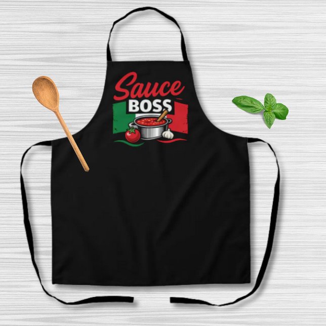 Sauce Boss - Funny Italian Black Apron (Sauce Boss Funny Italian Black Apron with Italian Flag and illustration of sauce pot, tomato garlic)