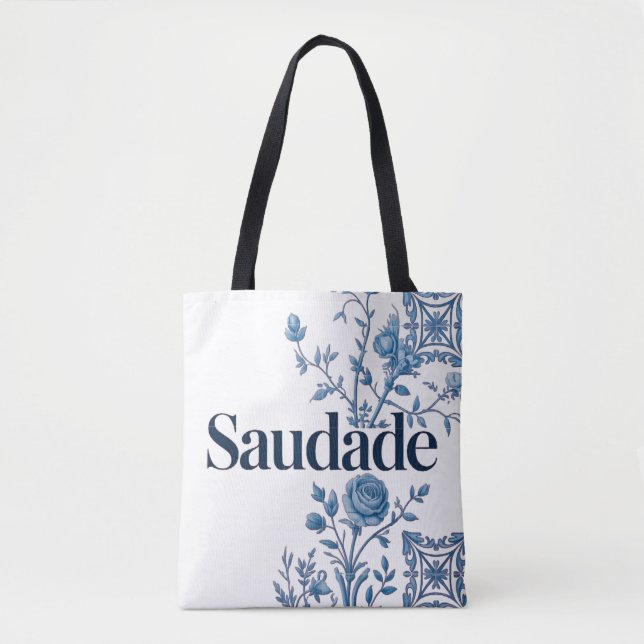 Saudade Portuguese Tote Bag – Blue Azulejo Floral  (Front)