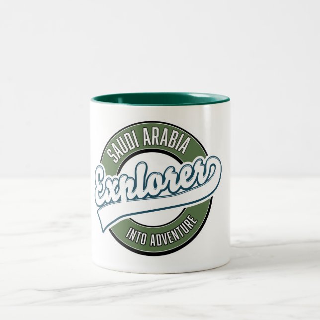 Saudi Arabia explorer into adventure logo Two-Tone Coffee Mug (Center)