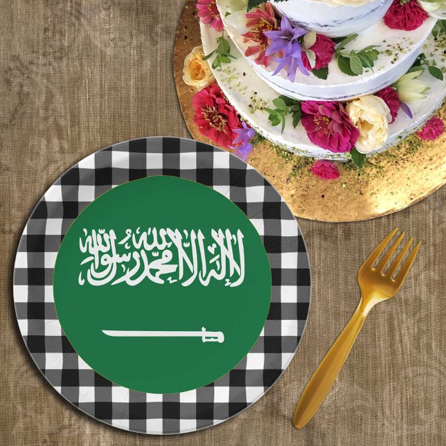 Saudi Arabia Plate, buffalo plaid & Saudi Flag Paper Plate (Creator Uploaded)