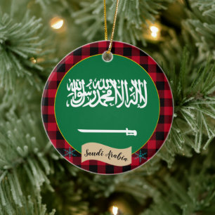 Saudi Arabia, Red buffalo plaid & Saudi Flag Ceramic Ornament