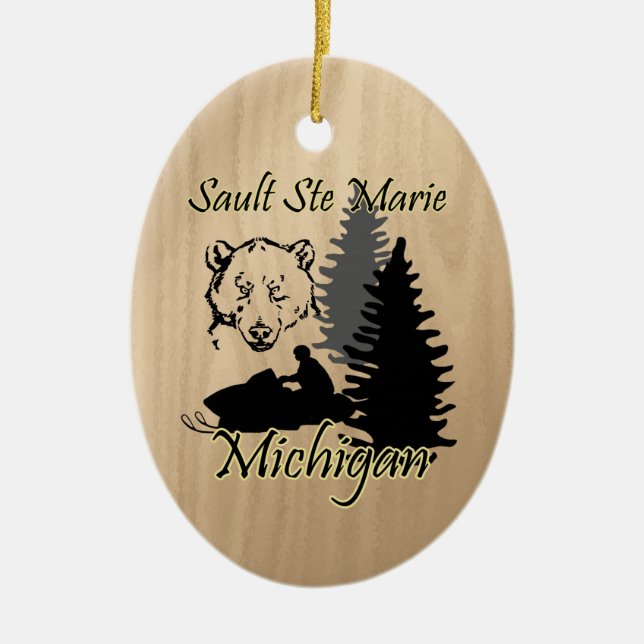 Sault Ste Marie Michigan Snowmobile Bear Ceramic Ceramic Ornament (Front)