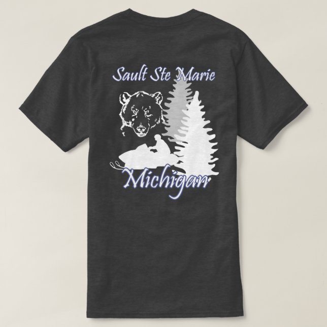 Sault Ste Marie Michigan Snowmobile Bear Charcoal T-Shirt (Design Back)
