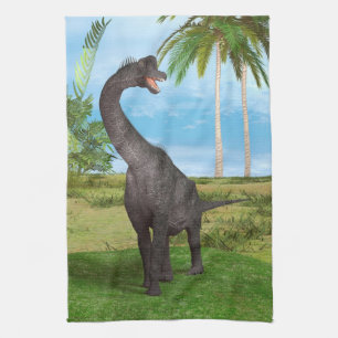 Sauropod Dinosaur in a Tropical Prehistoric Landsc Tea Towel
