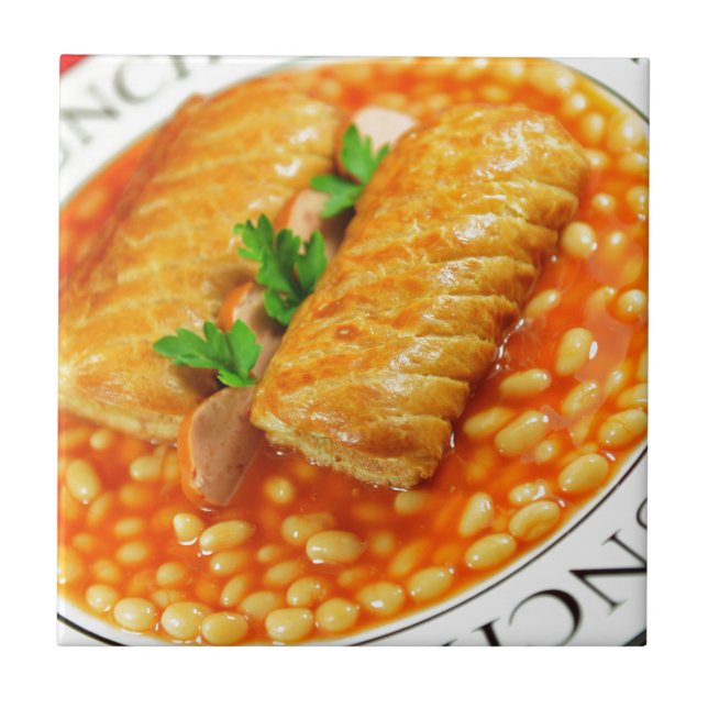 Sausage rolls and baked beans ceramic tile (Front)