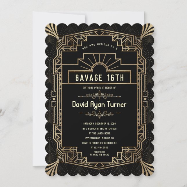 Savage 16th Gold Art Deco Great Gatsby 20s  Invitation (Front)