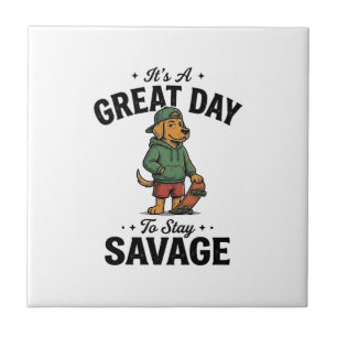 Savage Dog Vintage Engraving T-Shirt Design_1 Ceramic Tile