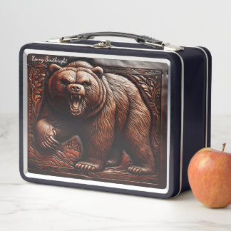 Savage Elegance: Embossed Leather Grizzly Metal Lunch Box