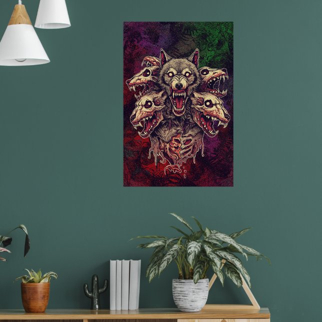 Savage Multi-Headed Demon Wolf Art Poster (Living Room 1)