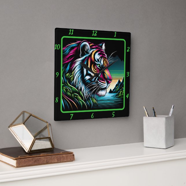 Savage Neon Tiger Artwork Square Wall Clock (Office)