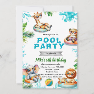 Savanna Animals Pool Party Birthday Invitation