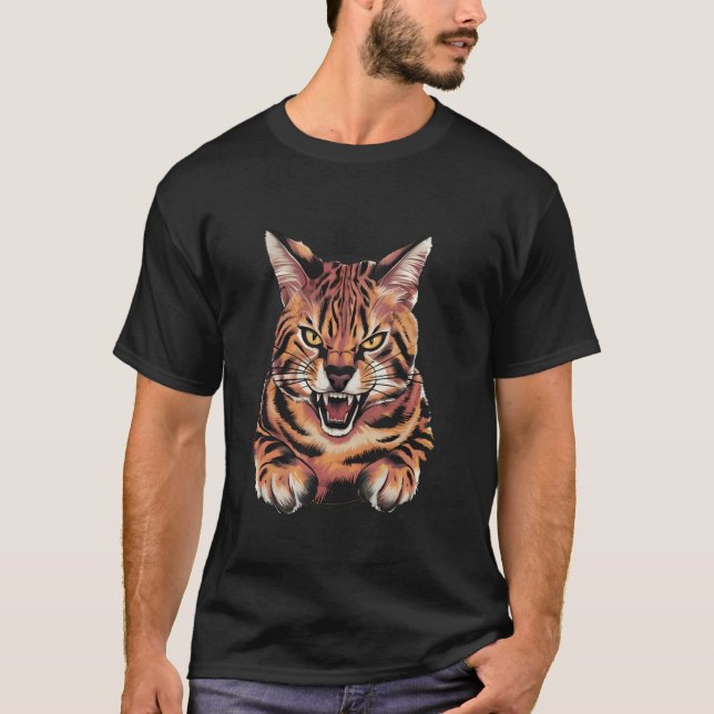 Savannah Cat Funny Design Roaring Serval Cat T-Shirt (Front)