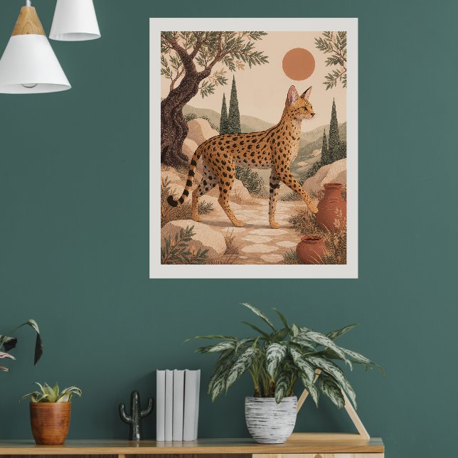 Savannah Cat Mediterranean Boho Olive Wall Art (Living Room 1)