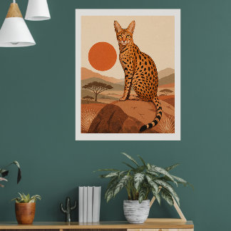 Savannah Cat on Rock Boho Wall Art Print Decor